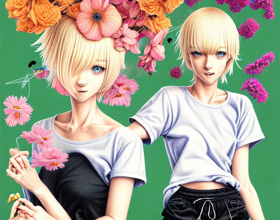 Image similar to richly detailed colored pencil 3D illustration of a beautiful French woman with short bleached blonde hair wearing a long Tshirt and black shorts that is sewing thread drawings of flowers into her thigh. mirrored background with completely rendered reflections, art by Range Murata and Artgerm.