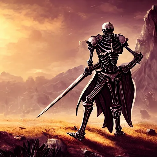 Image similar to in the style dnd a skeleton knight in black full plate armor standing on the battlefield surrounded by dead bodies, golden hour, shallow depth of field, moody lighting, 8 k, concept art,