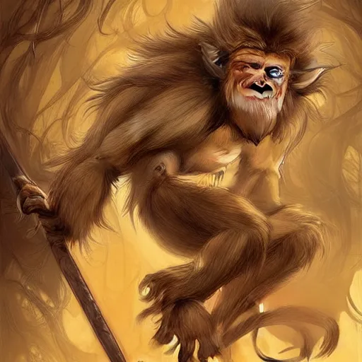 Prompt: Sun Wukong, massive, muscular monkey-like creature with golden fur carrying a large staff, a long tail and a Mohawk-like crest of hair on his head. His eyes are glowing red and he has sharp teeth. ,symmetrical, D&D character art, portrait, digital painting, Peter Mohrbacher, Alphonse Mucha, Brian Froud, Yoshitaka Amano, Kim Keever, Victo Ngai, James Jean