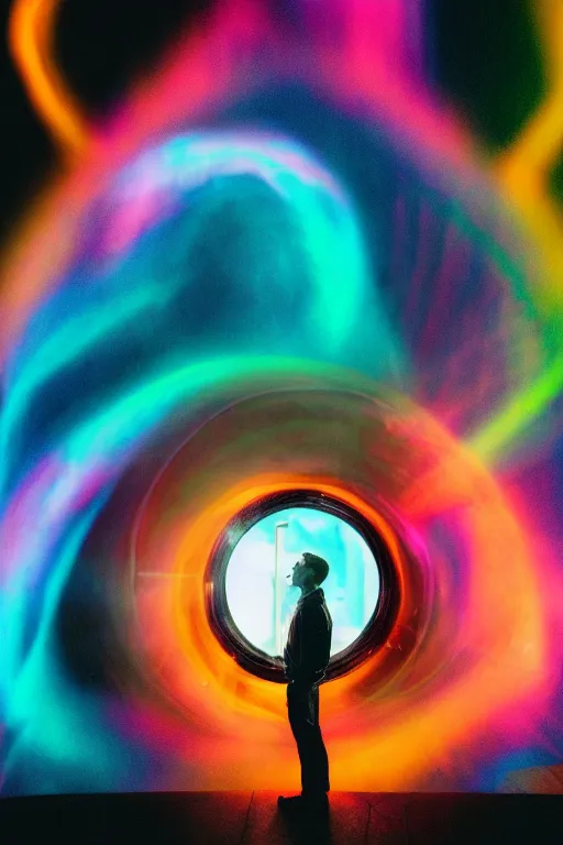 Prompt: kodak color plus 2 0 0 photograph of a guy looking into a bright otherworldly swirling glowing portal, back view, vaporwave colors, grain, moody lighting, moody aesthetic,