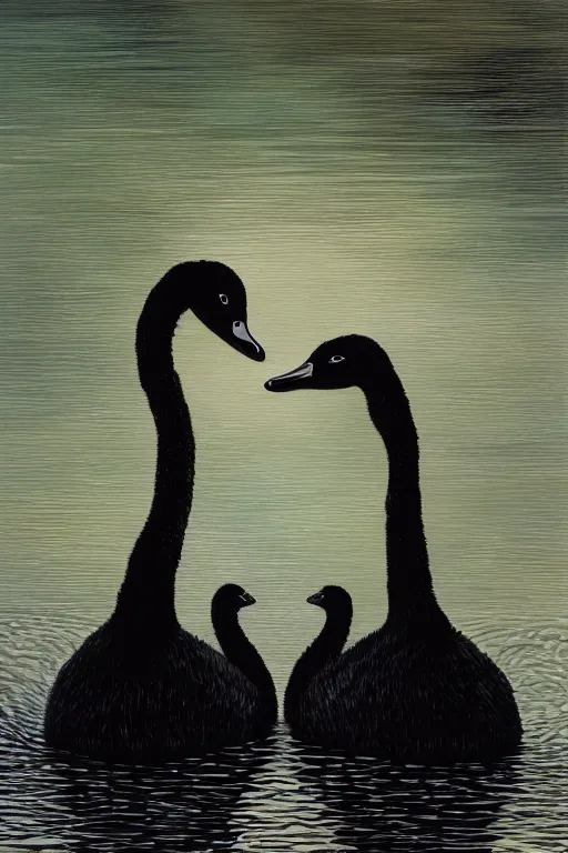 Prompt: !dream two black swans swimming, touching heads, forming a heart with their necks, oil on canvas, intricate, 8k highly professionally detailed, HDR, CGsociety