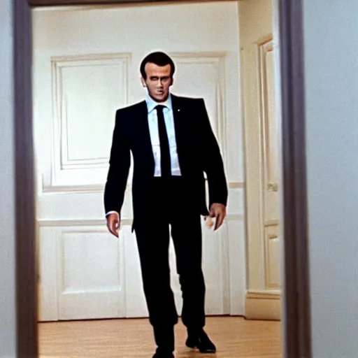 Image similar to Emmanuel Macron moving Ikea furniture in his empty room, in American Psycho (1999)