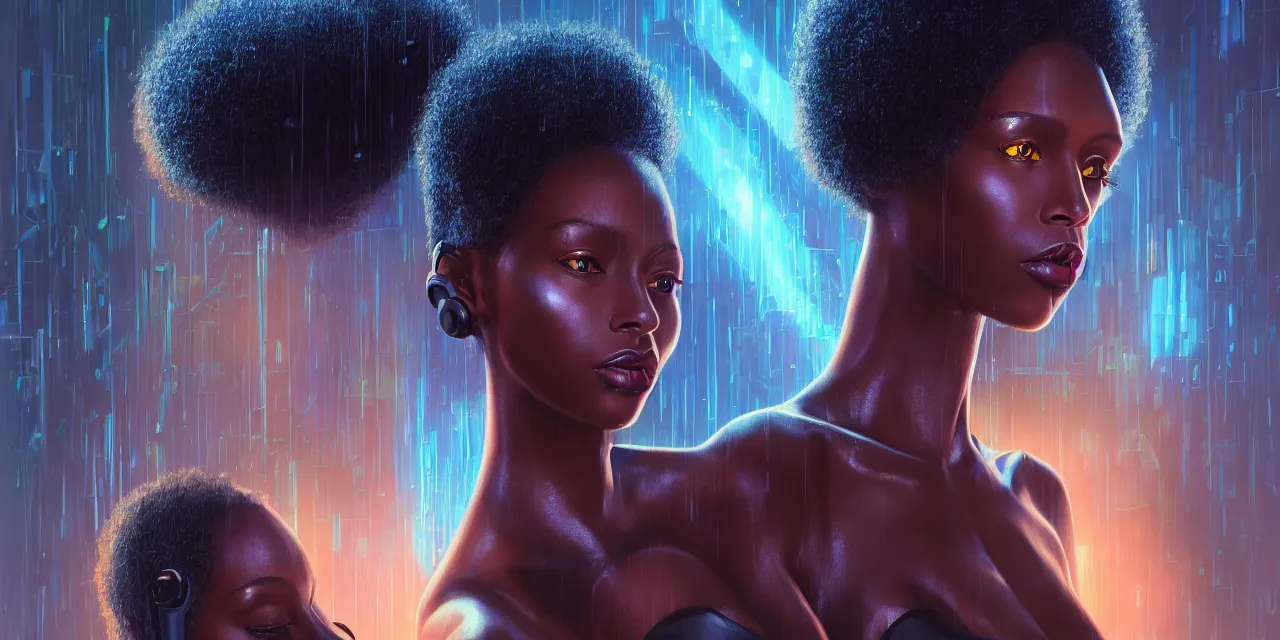 Image similar to a beautiful african american woman, Blade runner artifacts, electronic case display, cyberpunk tech, ultrarealistic, futuristic, three point lighting, dramatic lighting, electrical details, high details, 4k, 8k, best, accurate, trending on artstation, artstation, photorealism, ultrarealistic, digital painting, style of Wayne Barlowe, Caravaggio, Dali, Boris Vallejo, Hajime Sorayama