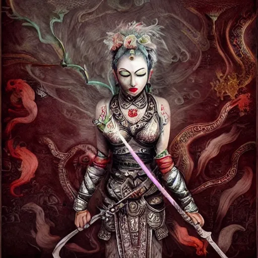 Prompt: Apsaras warrior with sword ,traditional Chinese textures, hyper detailed, by Brook Shaden