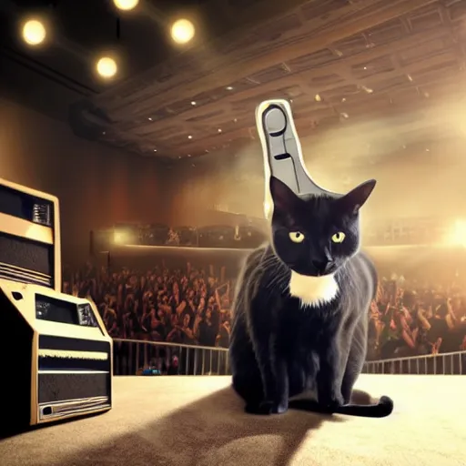 Prompt: cat in a business suit playing electric guitar at a metal concert