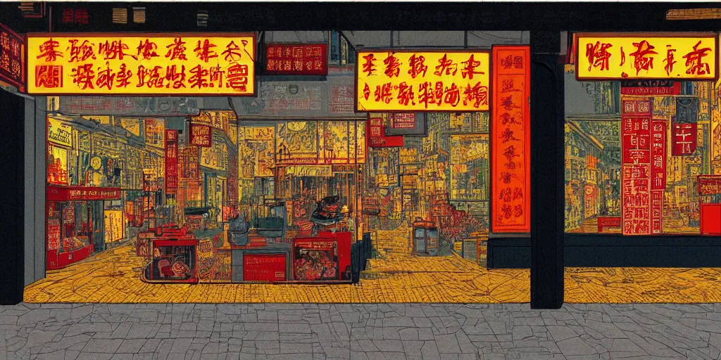 Image similar to a shop window in hong kong, by dan mumford and peter doig and edward hopper, minimal, black in, thick lines highly detailed, muted colours, overlaid with chinese adverts, 8 k