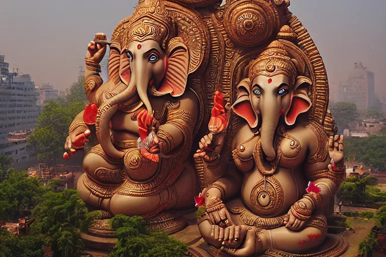 Prompt: beautiful biomorphic new delhi, cyborg ganesha!! building, kalighat flowers, octane highly detailed cinematic, stephen shore & john j. park, soft morning light, wide shot, aerial shot, uhd 8 k, shallow depth of field