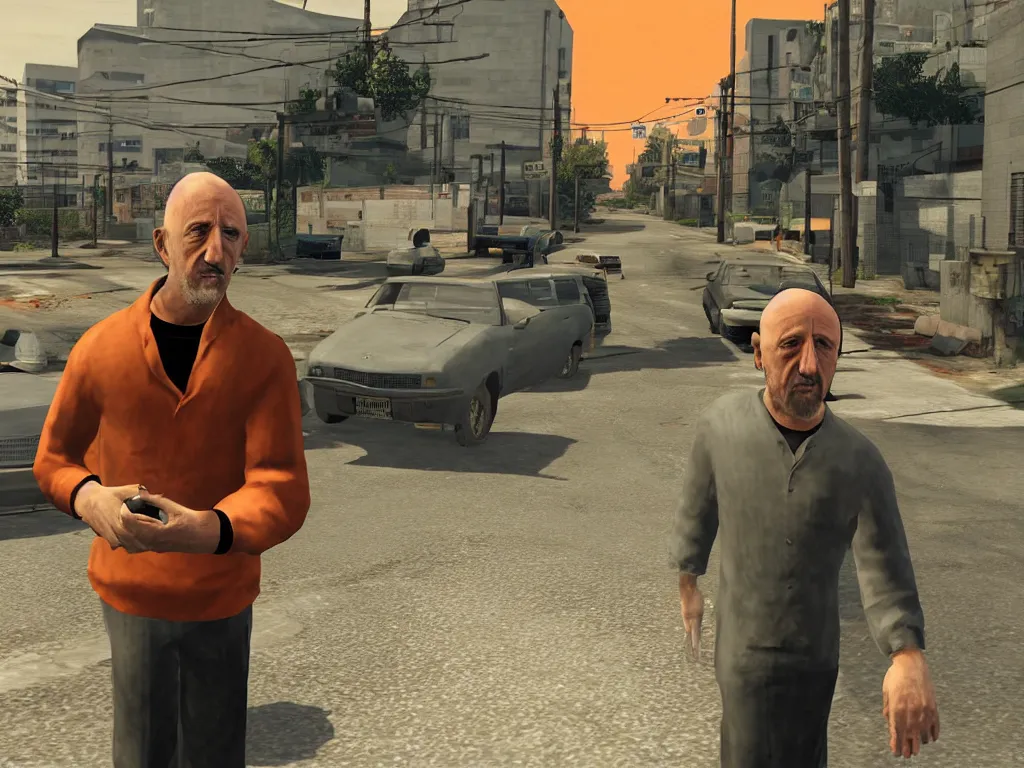 prompthunt: Mike Ehrmantraut in Los Santos, screenshot from the PS2 version  of GTA San Andreas, orange sky, screenshot from 2004, low quality graphics