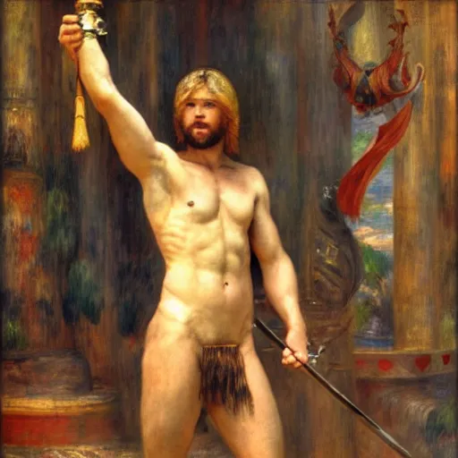 Prompt: orientalist portrait of a shirtless blonde barbarian man holding a magic sword above his head in front of a spaceship in sci-fi city intricate artwork by renoir and Jean Discart and john william waterhouse and Henryk Siemiradzki. trending on artstation, very coherent symmetrical artwork high detail 4k