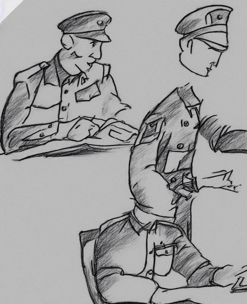 Image similar to cog video still frames of a drawing of a soldier writing a letter to home, in wwii, stop motion, minimal, black and white