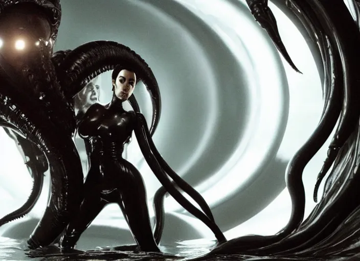 Prompt: film still of kim kardashian being held tightly by an xenomorph slathered in a transparent alien liquid, wet flowing hair, gooey skin, illustration, unreal engine 5, 8 k, directed by h. r. giger.