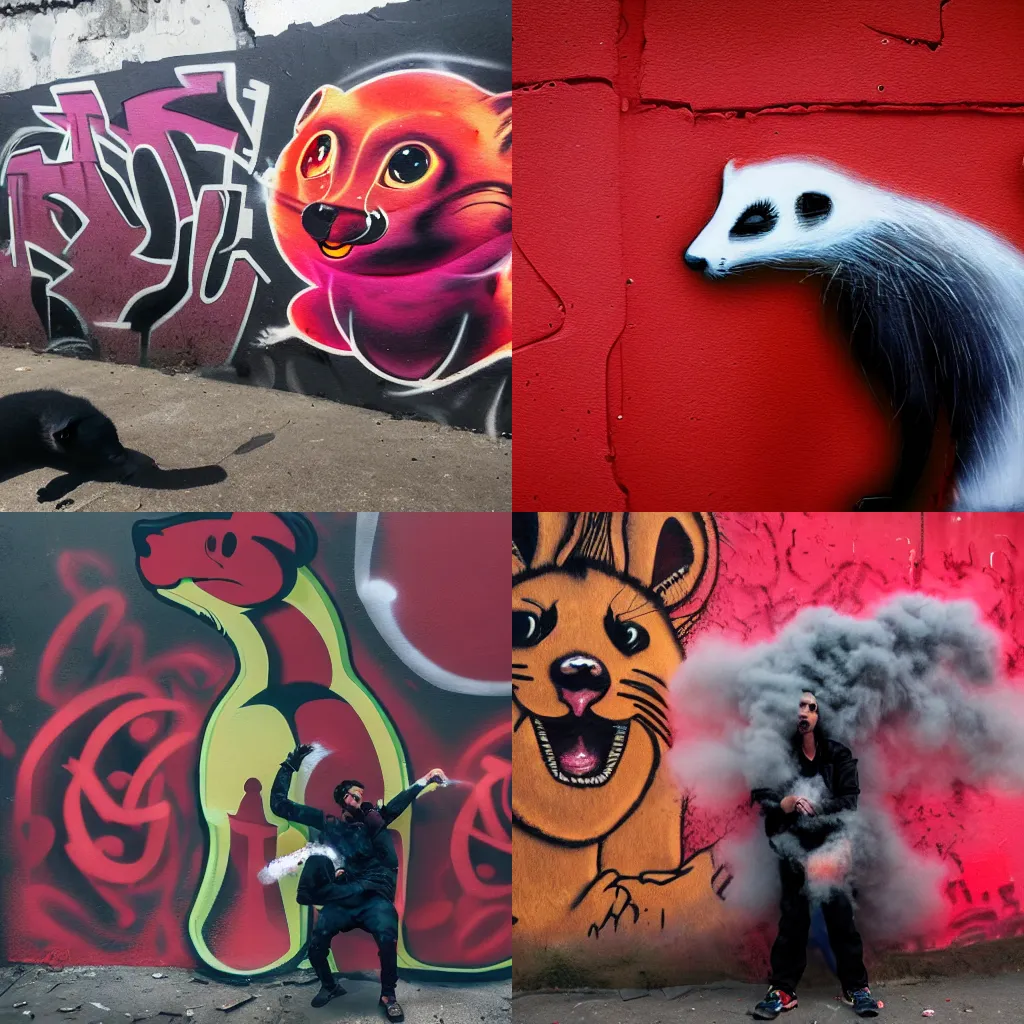 Prompt: photo ( far _ shot ), subject [ furry _ fandom _ fursona ( red - and - black, weasel - ferret - stoat ) ], graffiti _ background ( smoke ), medium ( spray _ paint, favela _ wall )