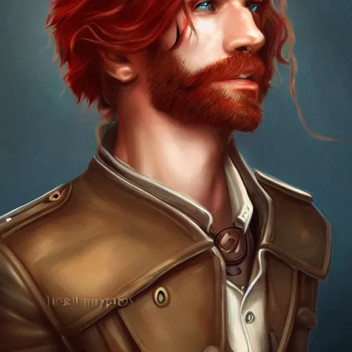 Image similar to rugged young ship captain, male, handsome, red hair, long hair, soft hair, fantasy, intricate, elegant, highly detailed, steampunk, digital painting, artstation, concept art, character art, smooth, sharp focus, illustration, art by artgerm