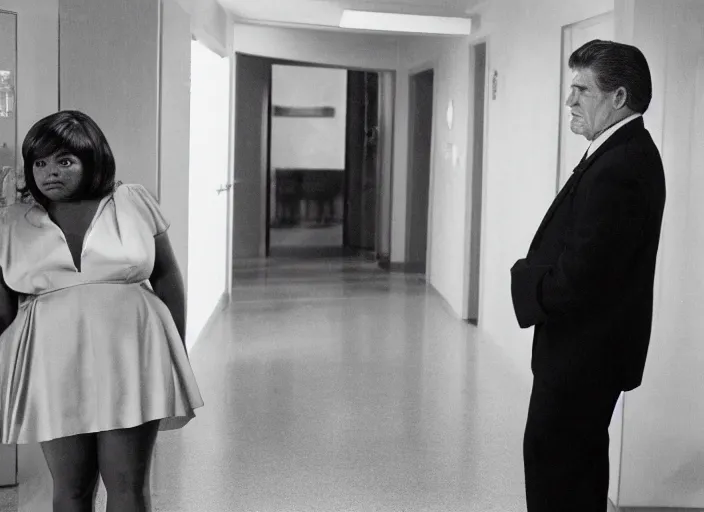 Image similar to cinematic shot of octavia spencer confronts joe manchin in a motel, in the near future, iconic scene from the paranoid thriller sci fi film directed by stanley kubrick, color theory, apartment design, leading lines, photorealistic, volumetric lighting