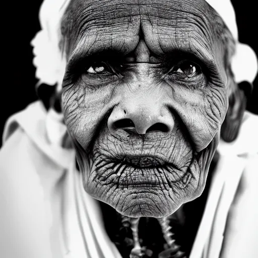 Prompt: black and white photo, portrait of 100 year old Indian holy saint by richard avedon, realistic, Leica, medium format, cinematic lighting, wet plate photography, parallax, high resolution,