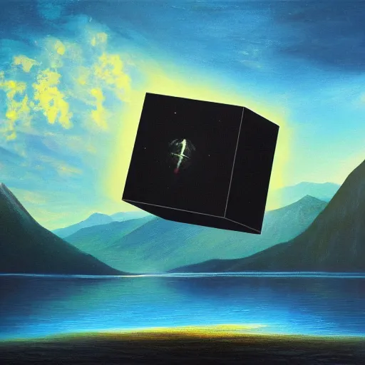Prompt: largely animated black cube sits in the center, in the air, levitating above a pristine lake with a background of residual peaceful mountains, robustly intricate oil painting, 4 k quality, trending on artstation