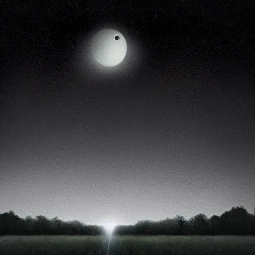 Image similar to a photo of a darkened field with a planetary object hanging in the sky above, digital art, intense, dramatic lighting, emotional, music video