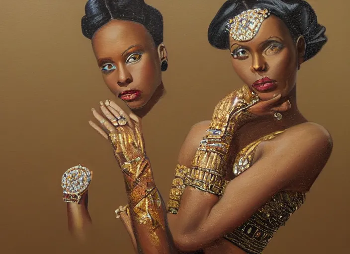 Image similar to painting of a female wearing hundreds of gold and platinum rings, by alex petruk