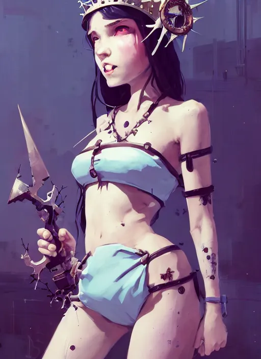 Image similar to portrait of cute maiden girl with crown of thorns and white short hairs, dressed in belts bikini, warhammer, cyberpunk, by atey ghailan, by greg rutkowski, by greg tocchini, by james gilleard, by joe gb fenton, by kaethe butcher, dynamic lighting, gradient light blue, brown, blonde cream and white color in scheme, grunge aesthetic