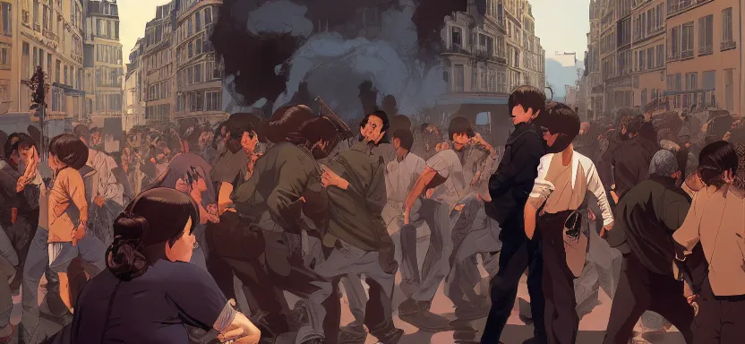 Image similar to riots in the streets of paris, digital painting masterpiece, by ilya kuvshinov, by frank frazetta, by mœbius, by reiq, by hayao miyazaki, intricate detail, beautiful brush strokes, advanced lighting technology, 4 k wallpaper, interesting character design, stylized yet realistic anatomy and faces, inspired by kill bill animated scene