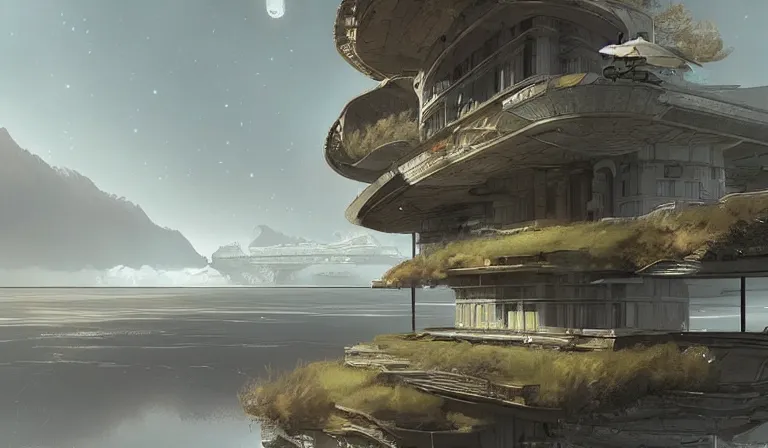 Prompt: A serene landscape with a singular building in the style of Stephan Martiniere.