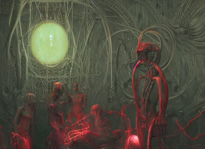 Image similar to satanic ritual, neon, they are watching, RGB, glowing wires everywhere, pristine, by Edgar Maxence and Ross Tran, Zdzisław Beksiński, and Michael Whelan, distant, gustav dore, H.R. Giger, 8k, octane render