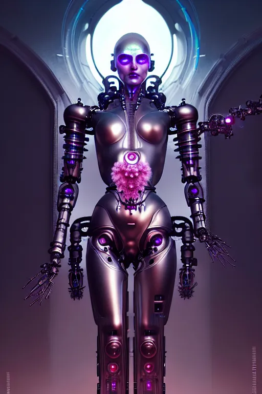 Prompt: ultra detailed female android deity, cyborg humanoid, gothic, ethereal, flowerpunk, scifi, fantasy, cyberpunk, octane render, megalopolis, unreal engine, asymmetrical!!! intricate concept art, triadic color, art by artgerm and wlop and giger and greg rutkowski and alphonse mucha, 8 k