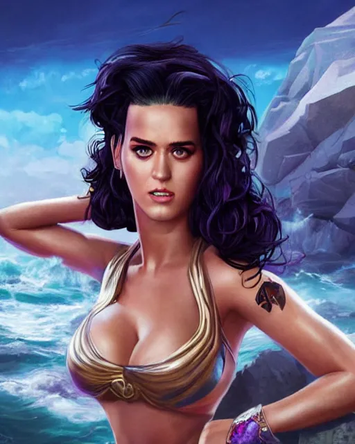 Prompt: Shipwrecked Katy Perry as an Apex Legends character digital illustration portrait design by, Mark Brooks and Brad Kunkle detailed, gorgeous lighting, wide angle action dynamic portrait