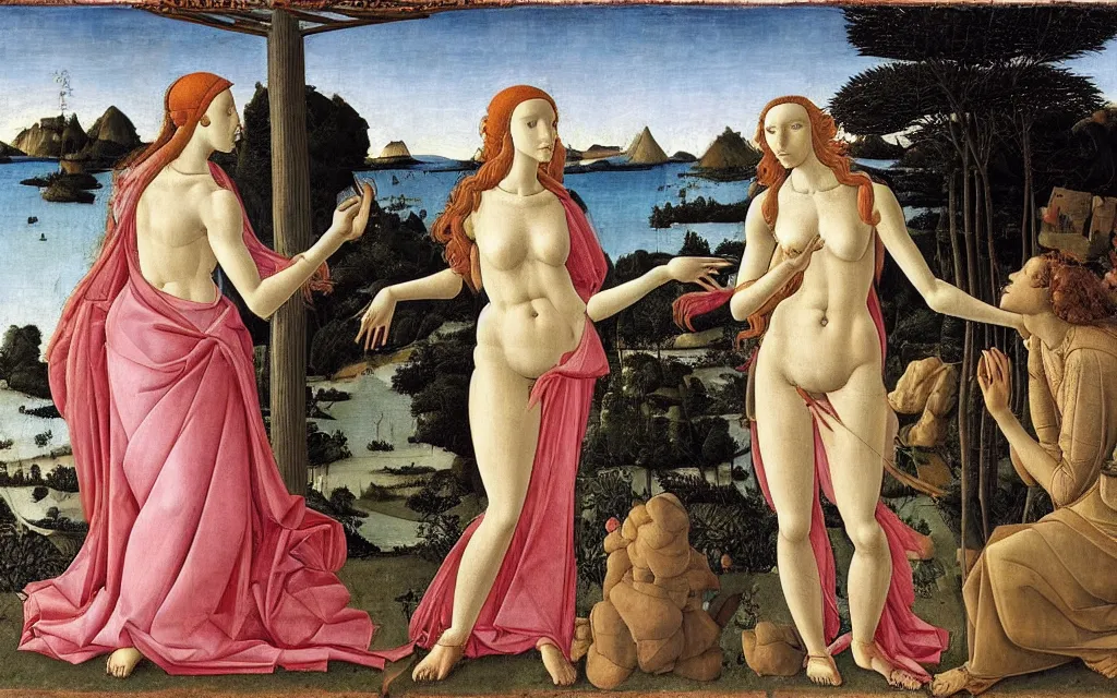 Prompt: sandro botticelli. very soft, delicate light. venus standing at a bus stop arguing with herself.