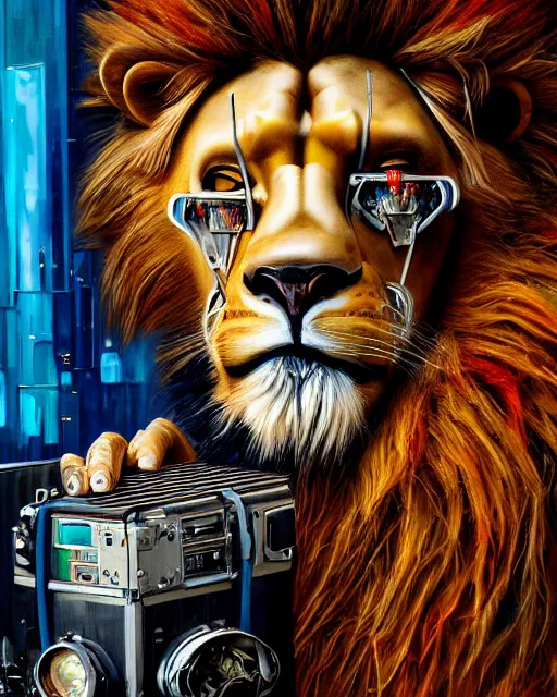 Image similar to a portrait of an anthropomorphic cyberpunk lion playing congas by sandra chevrier, by jon foster, detailed render, tape deck, epic composition, cybernetics, 4 k realistic, cryengine, realistic shaded lighting, sharp focus, masterpiece, by enki bilal