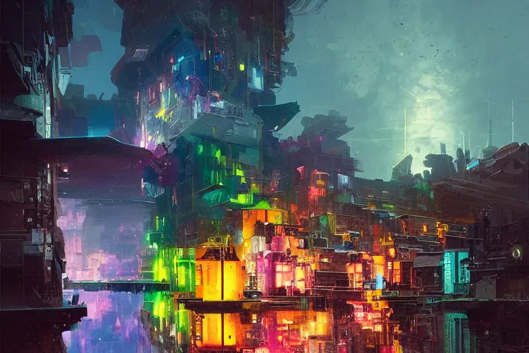 Prompt: a small town with many colorful buildings floats in space, illuminated by multi - colored lights, abstract art, digital art, surrealist, glitch, futuristic city, illustrated by greg rutkowski, realistic