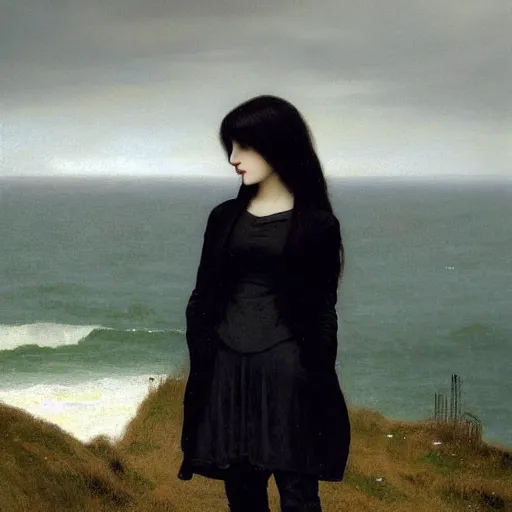 Image similar to 1 7 - year - old pale - skinned persian girl with black long bob cut, long bangs, black gothic jacket, black jeans, psychic girl, psychokinetic girl, standing on cliff along the irish coast, overcast gray skies, ultra - realistic, sharp details, subsurface scattering, intricate details, art by william - adolphe bouguereau