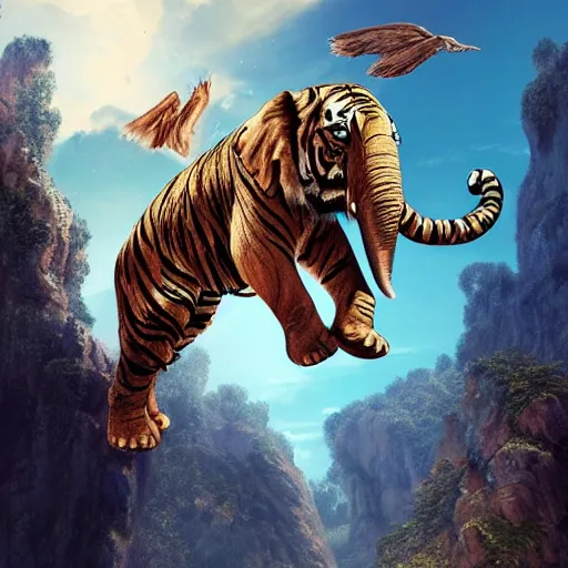 Prompt: tiger elephant leaping through the sky, winged, epic composition, hyper detailed, digital art, trending in artstation, cinematic lighting, studio quality, unreal engine 5 rendered, art style by klimt and nixeu and ian sprigger and wlop and krenz cushart