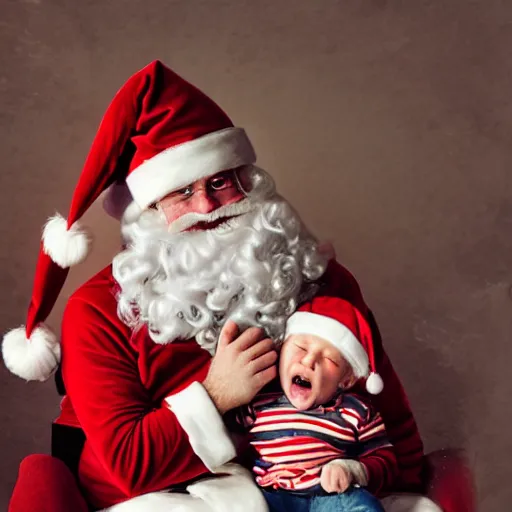 Prompt: an alcoholic wearing santa suitr crying while having a child on his lap, shopping mall, emotional, sadness, anxious, depressed, zoomed out, colorfull, photorealistic, cinematic, concept art, epic