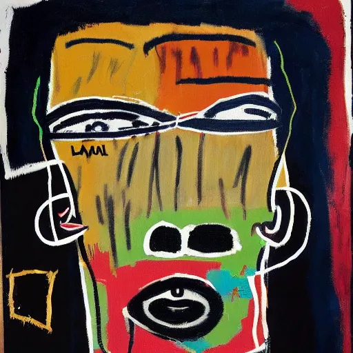 Image similar to a portrait made by Basquiat of a male guy with little beard big lips big nose style paint canvas materical