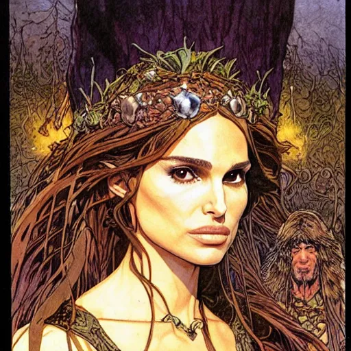 Image similar to a realistic, very beautiful and atmospheric portrait of a young natalie portman as a druidic warrior wizard looking at the camera with an intelligent but seductive gaze by rebecca guay, michael kaluta, charles vess and jean moebius giraud