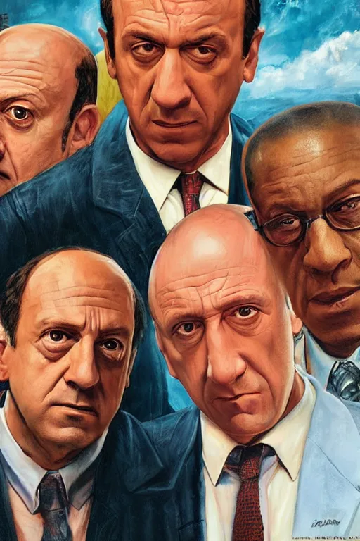 Image similar to drew struzan painting of saul goodman, mike ehrmantraut, kim wexler, and gustavo fring, hd, detailed, photorealistic, perfect likeness, 8 0 s movie poster, rim light