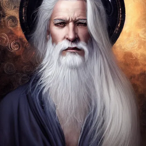 Image similar to white haired robe fu xi full male front body portrait, sit upright on the ground, very long white beard and hair, long hair shawl, fine kindness delicate prefect face features gaze, piercing eye, elegant, style of tom bagshaw, cedric peyravernay, peter mohrbacher, victo nga, 4 k hd illustrative wallpaper, animation style, chinese style