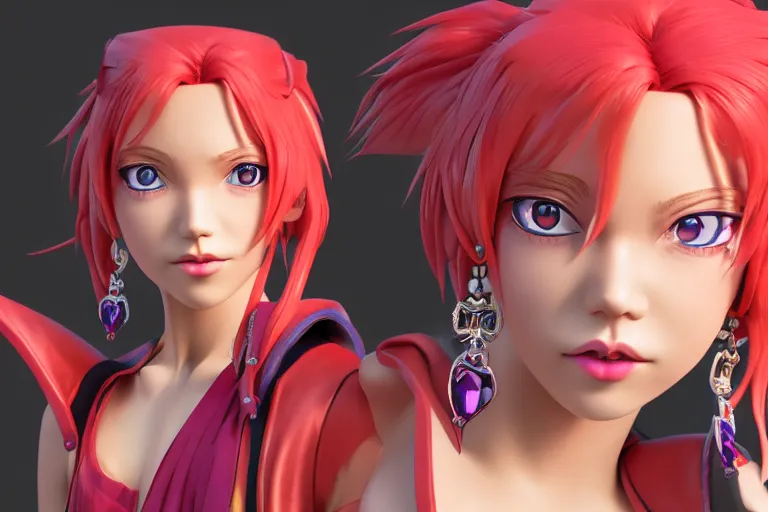 Image similar to character Lina Inverse from anime Slayers (1995 – 2009), rendered in Cinema 4D and Octane and Unreal Engine 5, hyperrealism, full body photogenic shot, digital render, cinematic lighting ornate earrings, 8k resolution, masterpiece work