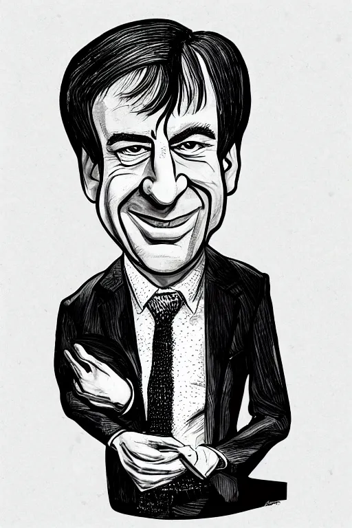Image similar to a caricature of saul goodman by tom richmond, black pen on paper. detailed, hd image,