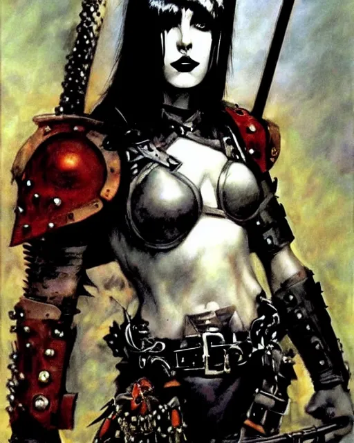 Image similar to portrait of a skinny punk goth soldier wearing armor by simon bisley, john blance, frank frazetta, fantasy, barbarian