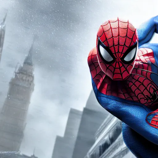 Image similar to Peter Parker as Spiderman , heavy rain ,dramatic, intricate, highly detailed, concept art, smooth, sharp focus, illustration, Unreal Engine 5, 8K