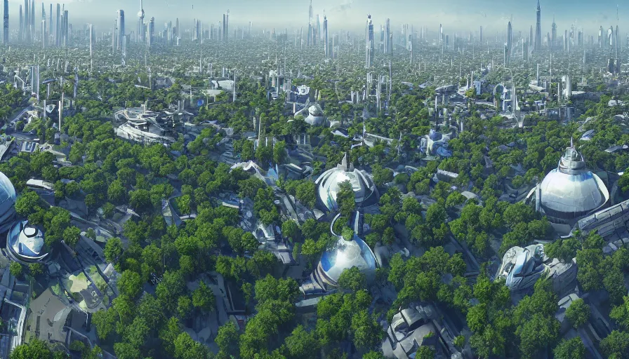 Prompt: panoramic view of futuristic berlin with white glass domes, blue glass buildings, trees, crowded green alleys, hghways, volumetric light, hyperdetailed, artstation, cgsociety, 8 k