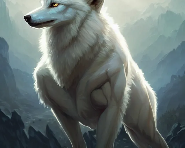 Image similar to full body albino wolf with blue eyes, backlight, rim lighting, deep focus, d & d, fantasy, intricate, elegant, highly detailed, digital painting, artstation, concept art, matte, sharp focus, illustration, hearthstone, art by artgerm and greg rutkowski and alphonse mucha