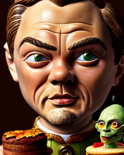 Image similar to highly detailed closeup, face profile portrait of a tin toy leonardo dicaprio as a medieval goblin eating cakes in a castle, hyper realistic, artstation, illustration, nicoletta ceccoli, mark ryden, lostfish, dan decarlo, bob clampett, max fleischer, digital paint, matte paint, vivid colors, detailed and intricate environment