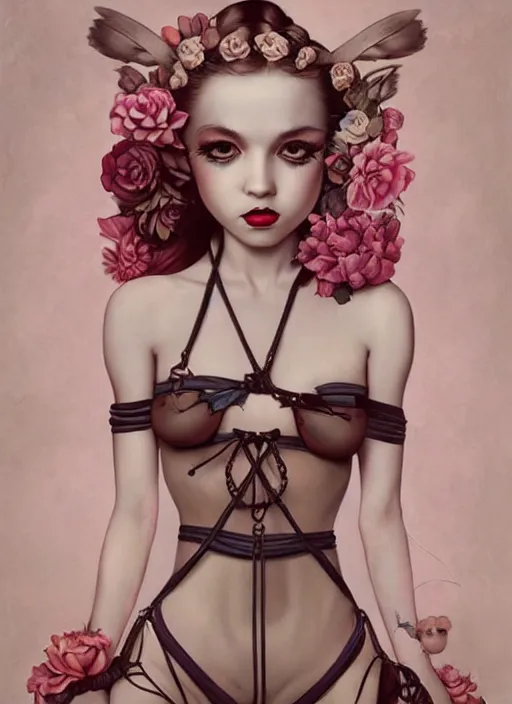Image similar to pop surrealism, lowbrow art, realistic seductive cute woman painting, body harness, japanese shibari with flowers, hyper realism, muted colours, rococo, natalie shau, loreta lux, tom bagshaw, mark ryden, trevor brown style,