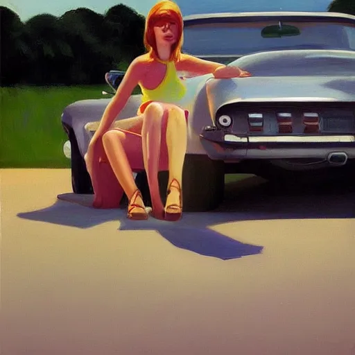 Image similar to Character portrait with car, dated a woman that lived on Cooterneck Road, She had a catfish Camero and was cooler than me, by Edward Hopper, Bo Bartlett, and Cynthia Sheppard, Artstation