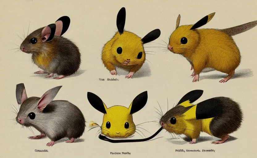 Image similar to scientific illustration of Pichu, Pikachu, and Raichu. Evolutionary line, comparative anatomy of electric mice.