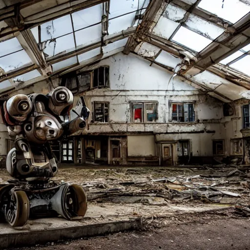 Image similar to a vintage abandoned filmset investigated by curious robobots