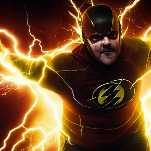 Image similar to film still of jack black playing the flash by zach snyder, epic lighting storm speed force